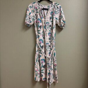 LOFT Womens Midi Dress Size M Linen Floral V-Neck Puff Sleeve Cottagecore Praire